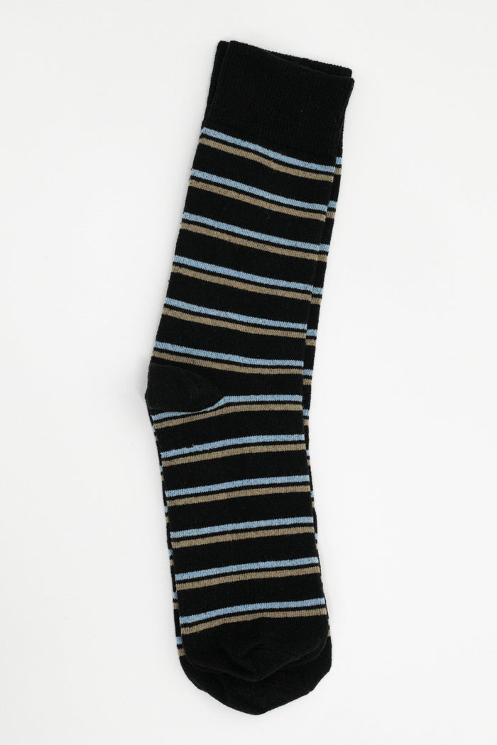 Gentlemen's Socks Black Socks with Blue & Tan Thick Stripes One Size