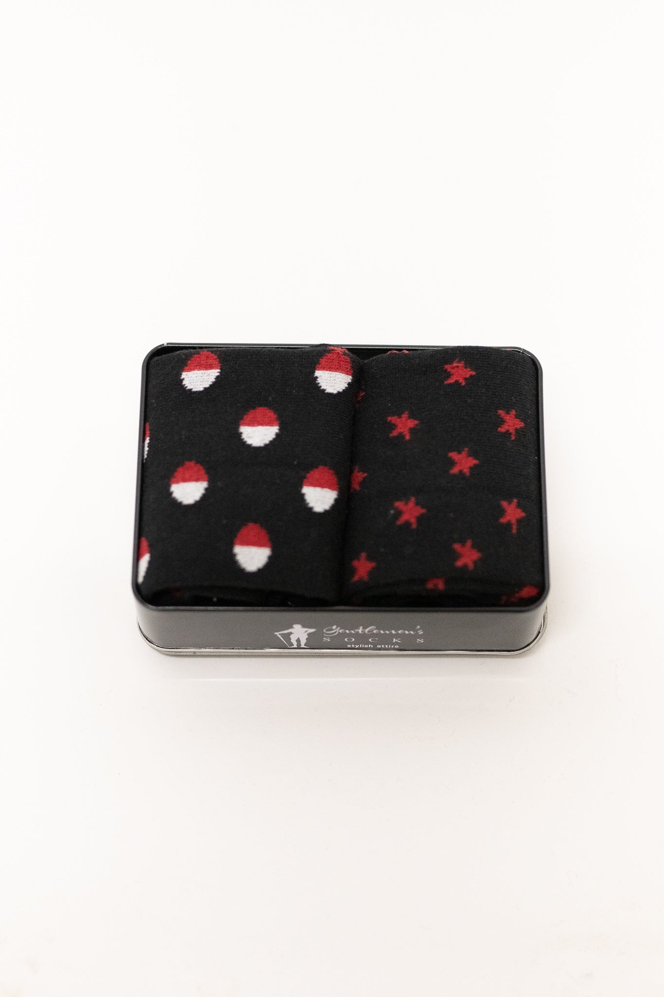 Gentlemen's Socks Gift Tin - Black with White & Red Dots and Black with Red Stars One Size