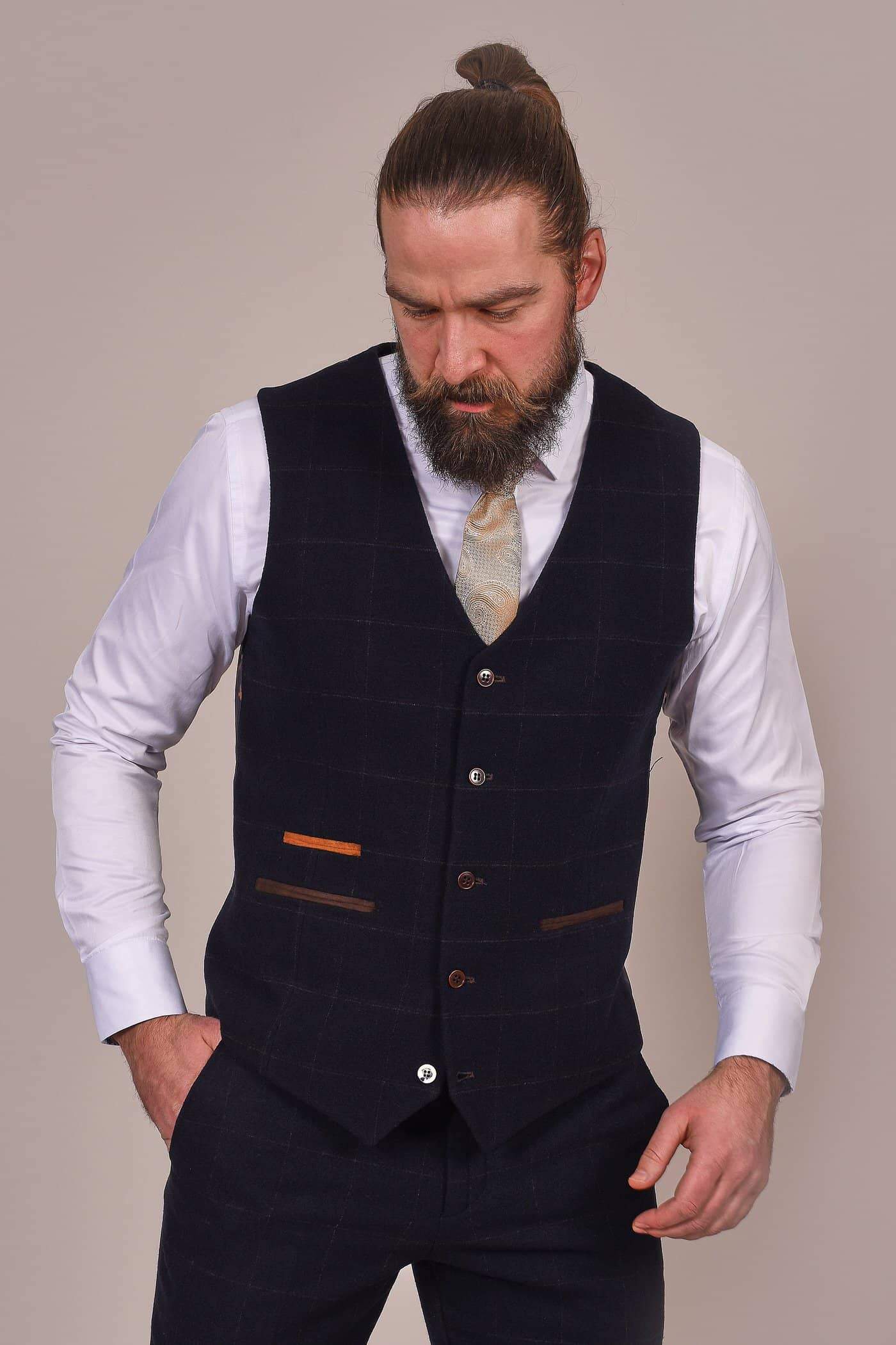 Fratelli Dark Navy Tweed Style Waistcoat with Subtle Check