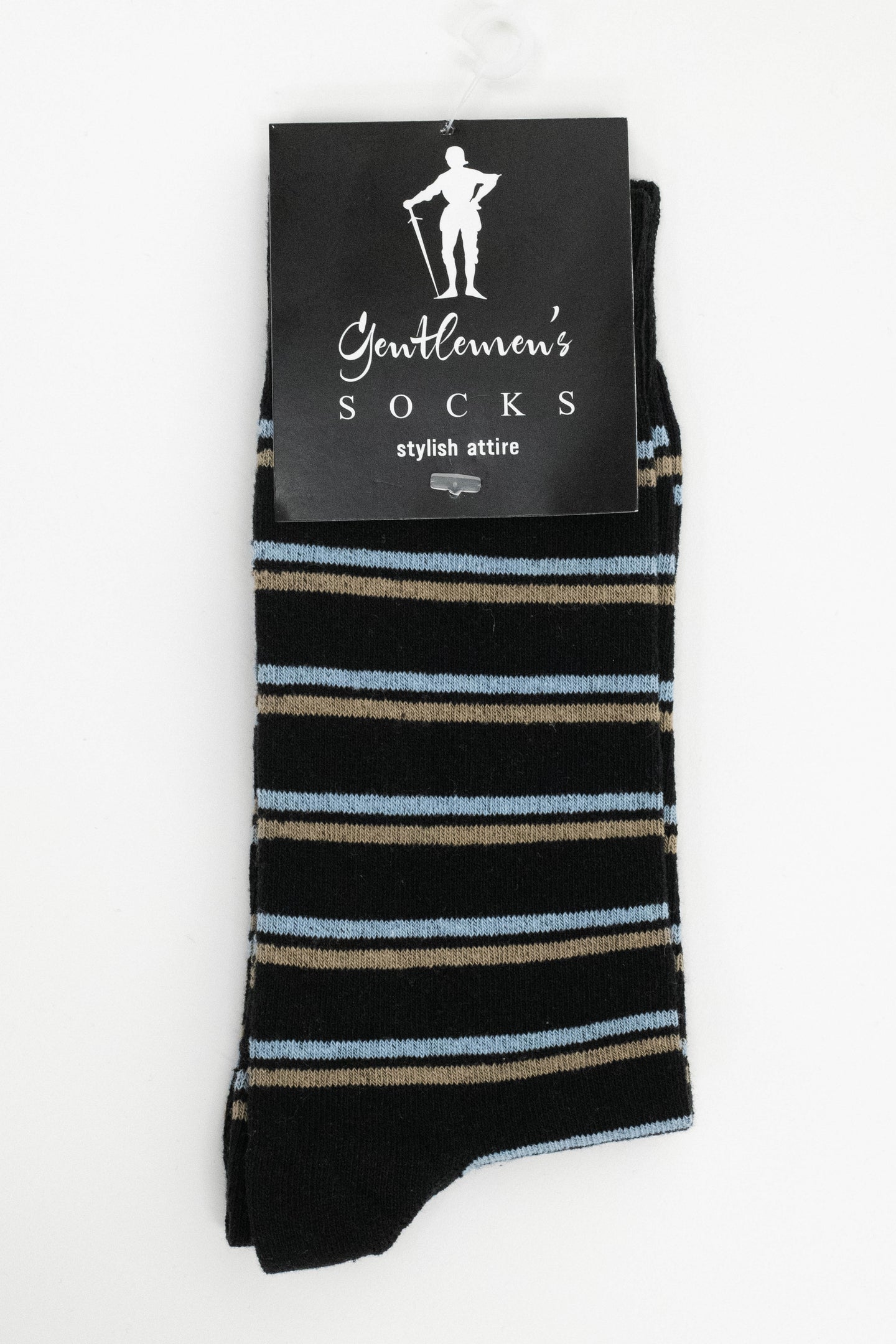 Gentlemen's Socks Black Socks with Blue & Tan Thick Stripes One Size