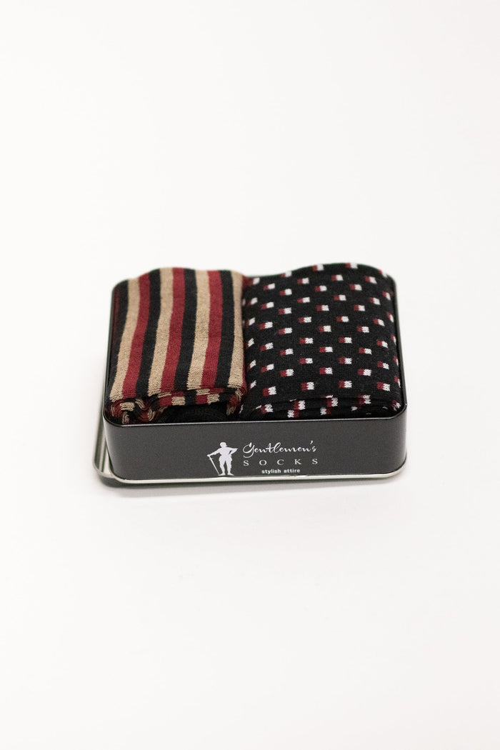 Gentlemen's Socks Gift Tin - Black with Red & Tan Stripes and Black with Red & White Squares One Size