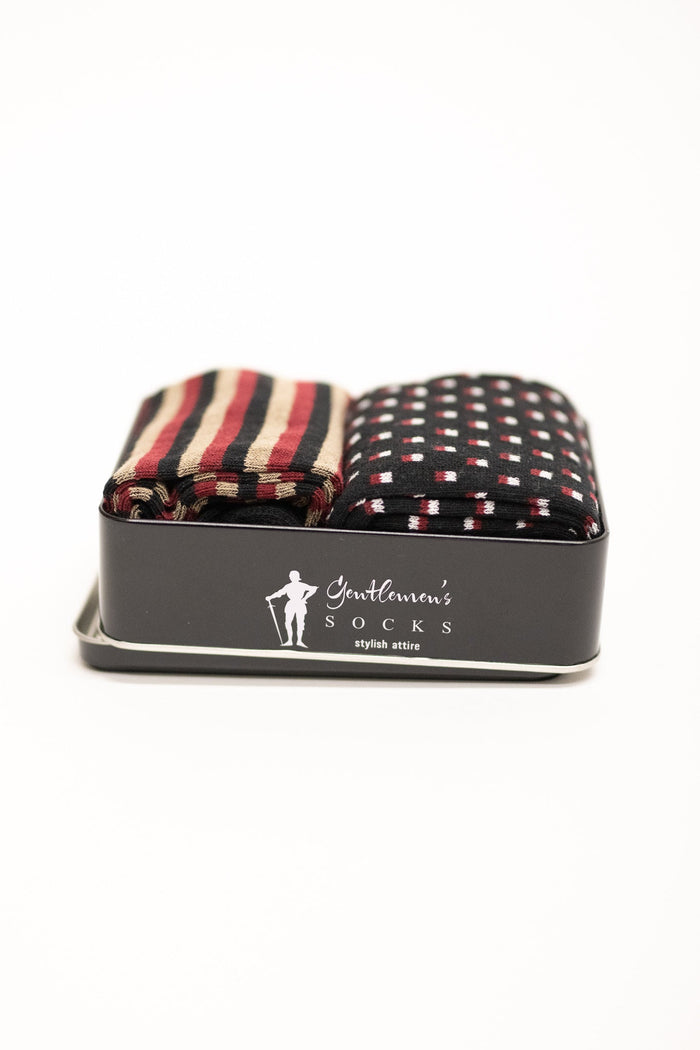 Gentlemen's Socks Gift Tin - Black with Red & Tan Stripes and Black with Red & White Squares One Size