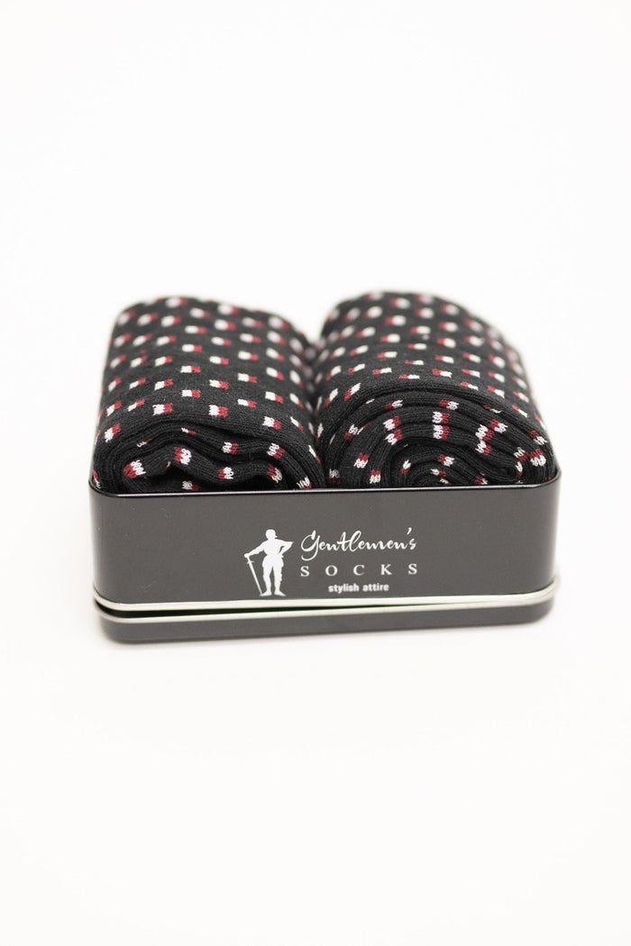 Gentlemen's Socks Gift Tin - Black with Red & White Squares One Size
