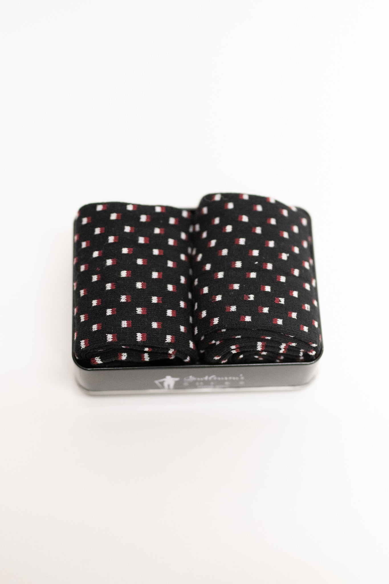Gentlemen's Socks Gift Tin - Black with Red & White Squares One Size