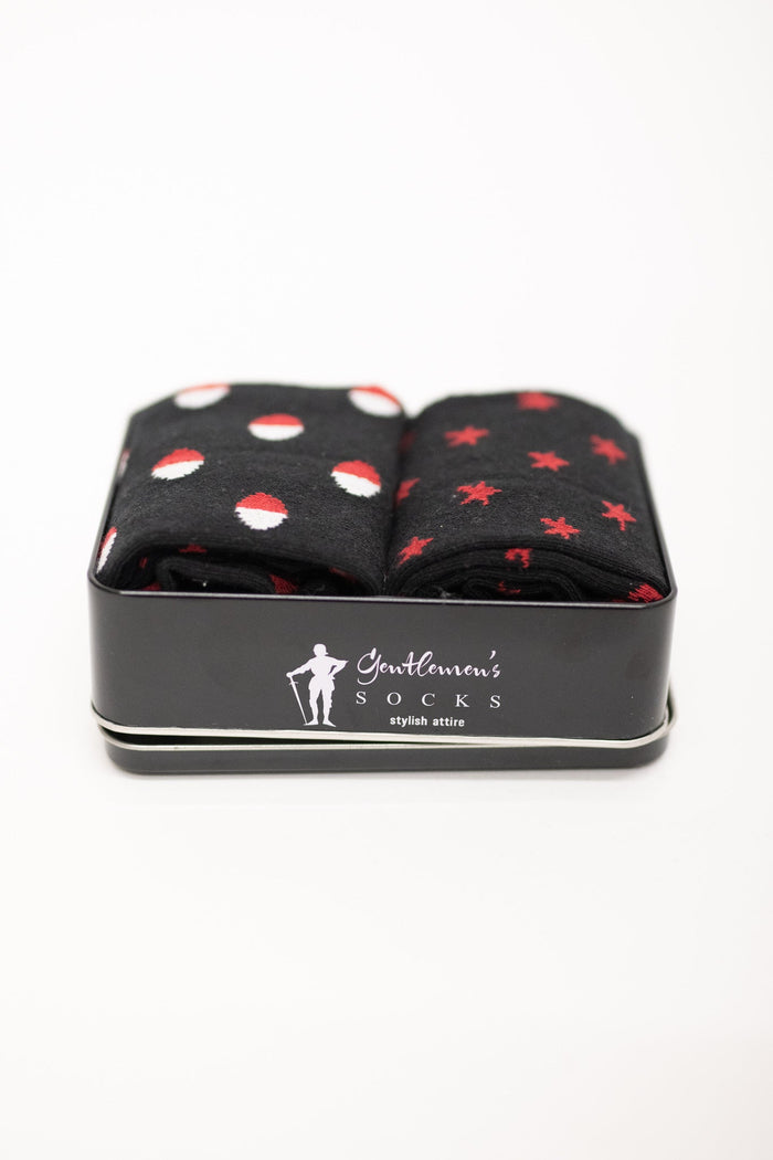 Gentlemen's Socks Gift Tin - Black with White & Red Dots and Black with Red Stars One Size