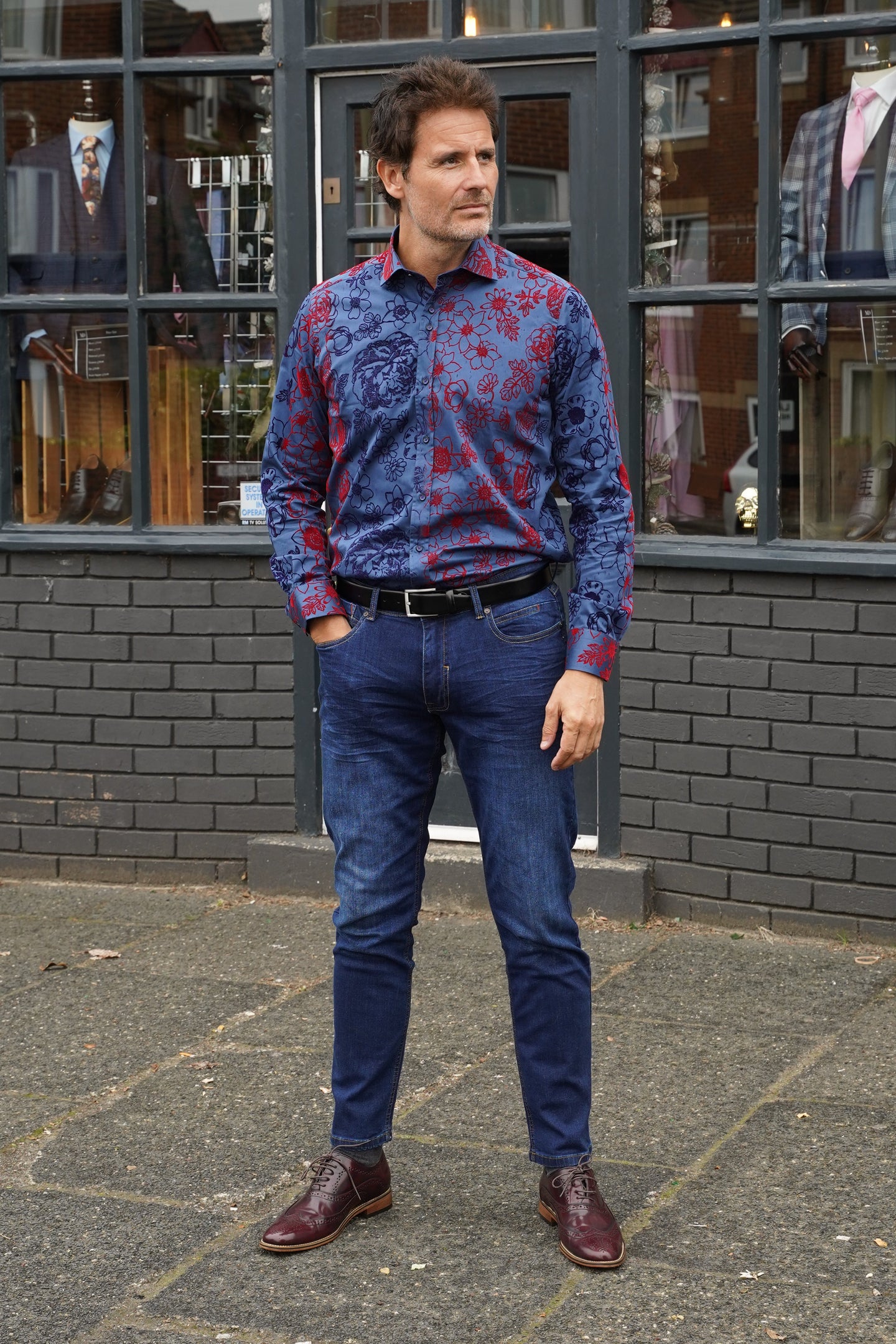 Guide London Navy & Red Floral Flock Shirt