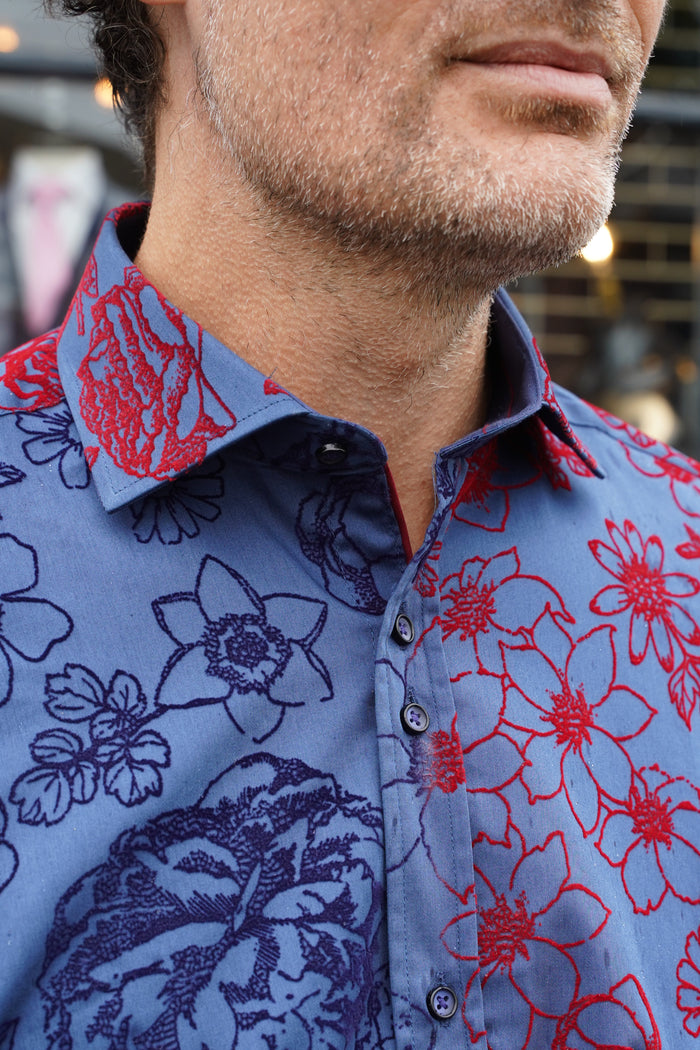 Guide London Navy & Red Floral Flock Shirt