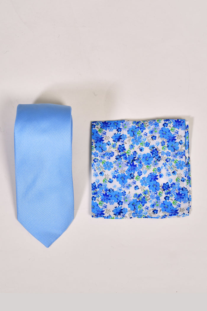 Sky Blue Micro Dot Tie & Floral Pocket Square Set Sky Blue